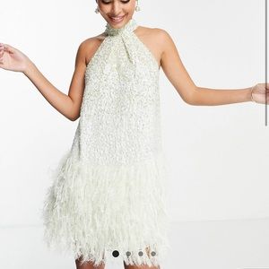 ASOS EDITION sequin halter mini dress with faux feather hem in sage green